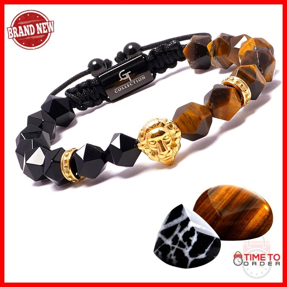 Men's Adjustable Beaded Bracelet with Silver Lion Head, Natural Gemstones